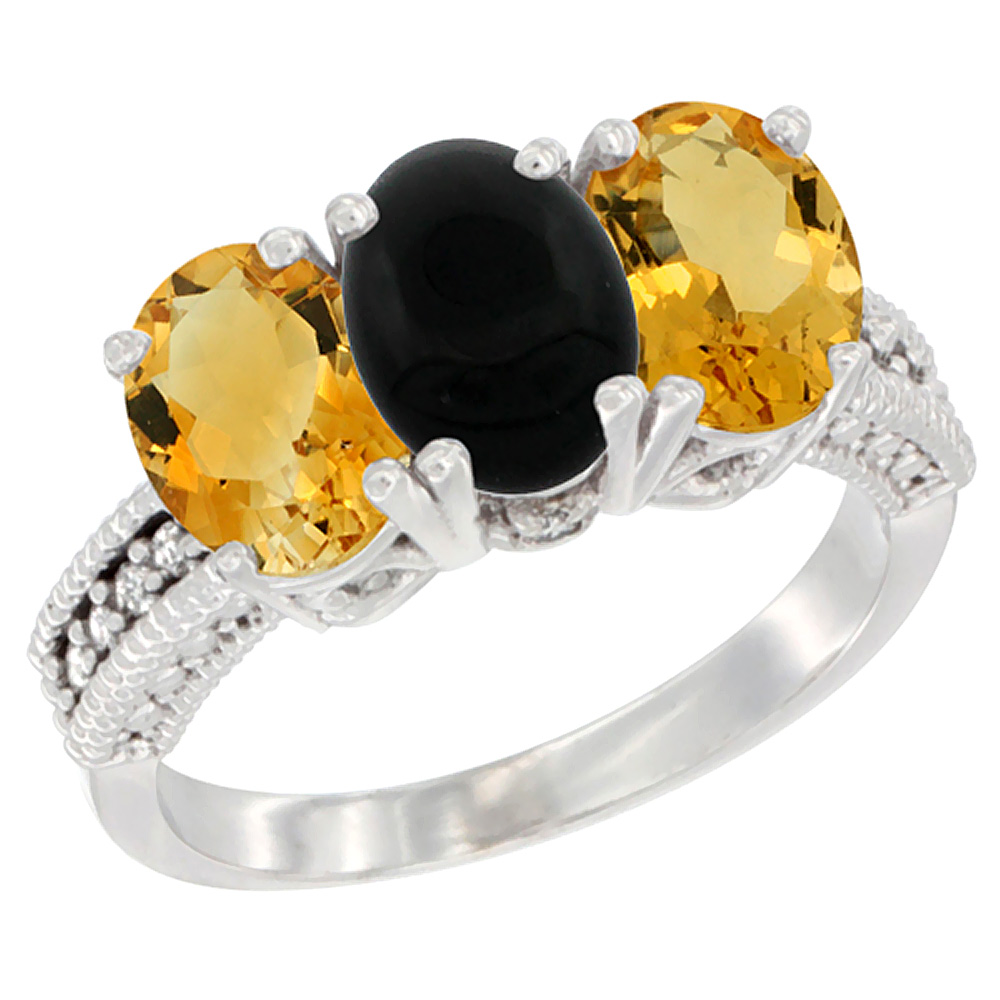 14K White Gold Natural Black Onyx &amp; Citrine Sides Ring 3-Stone 7x5 mm Oval Diamond Accent, sizes 5 - 10