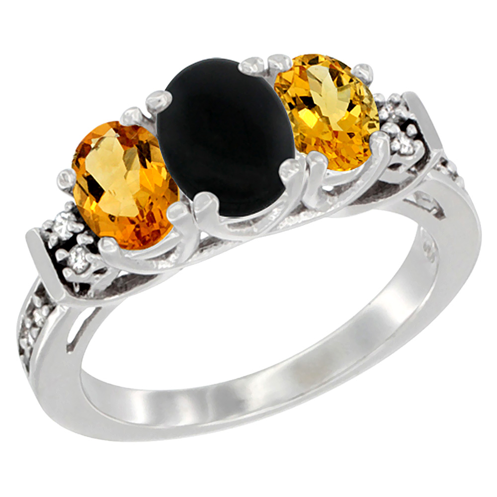 14K White Gold Natural Black Onyx &amp; Citrine Ring 3-Stone Oval Diamond Accent, sizes 5-10