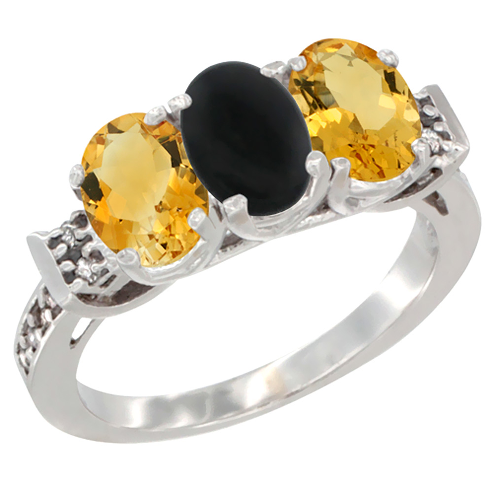 14K White Gold Natural Black Onyx &amp; Citrine Sides Ring 3-Stone 7x5 mm Oval Diamond Accent, sizes 5 - 10