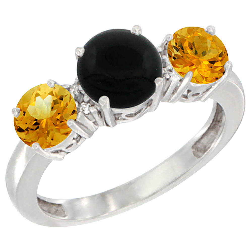 14K White Gold Round 3-Stone Natural Black Onyx Ring & Citrine Sides Diamond Accent, sizes 5 - 10