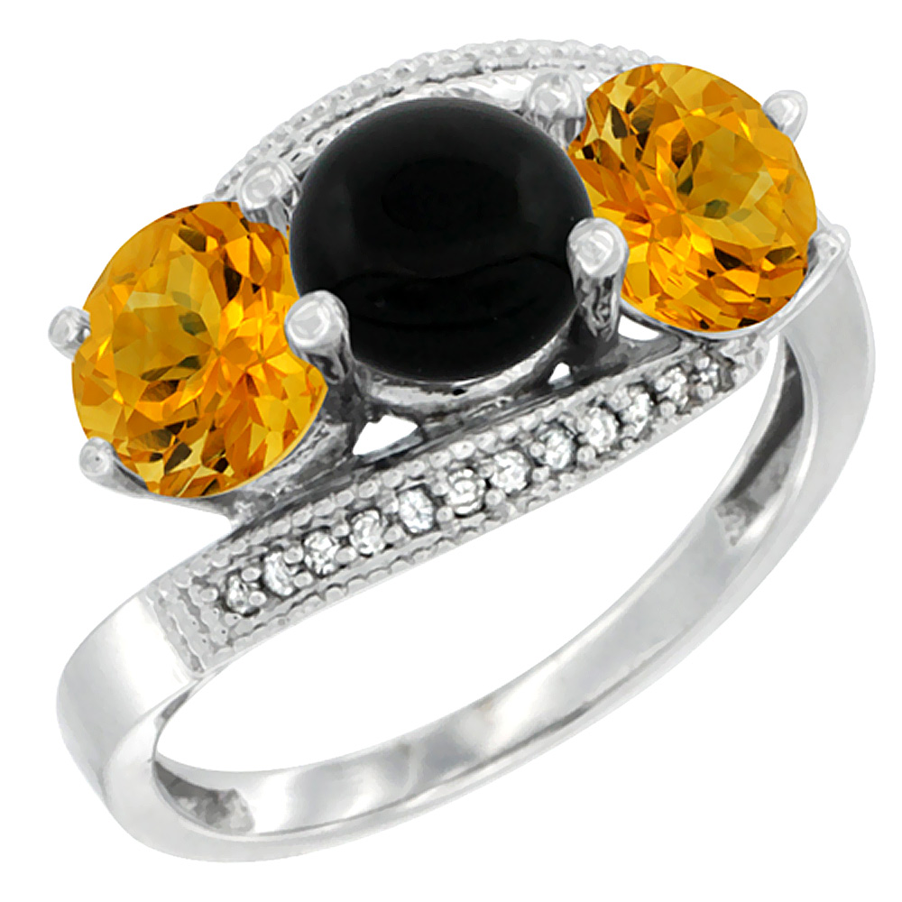 14K White Gold Natural Black Onyx &amp; Citrine Sides 3 stone Ring Round 6mm Diamond Accent, sizes 5 - 10