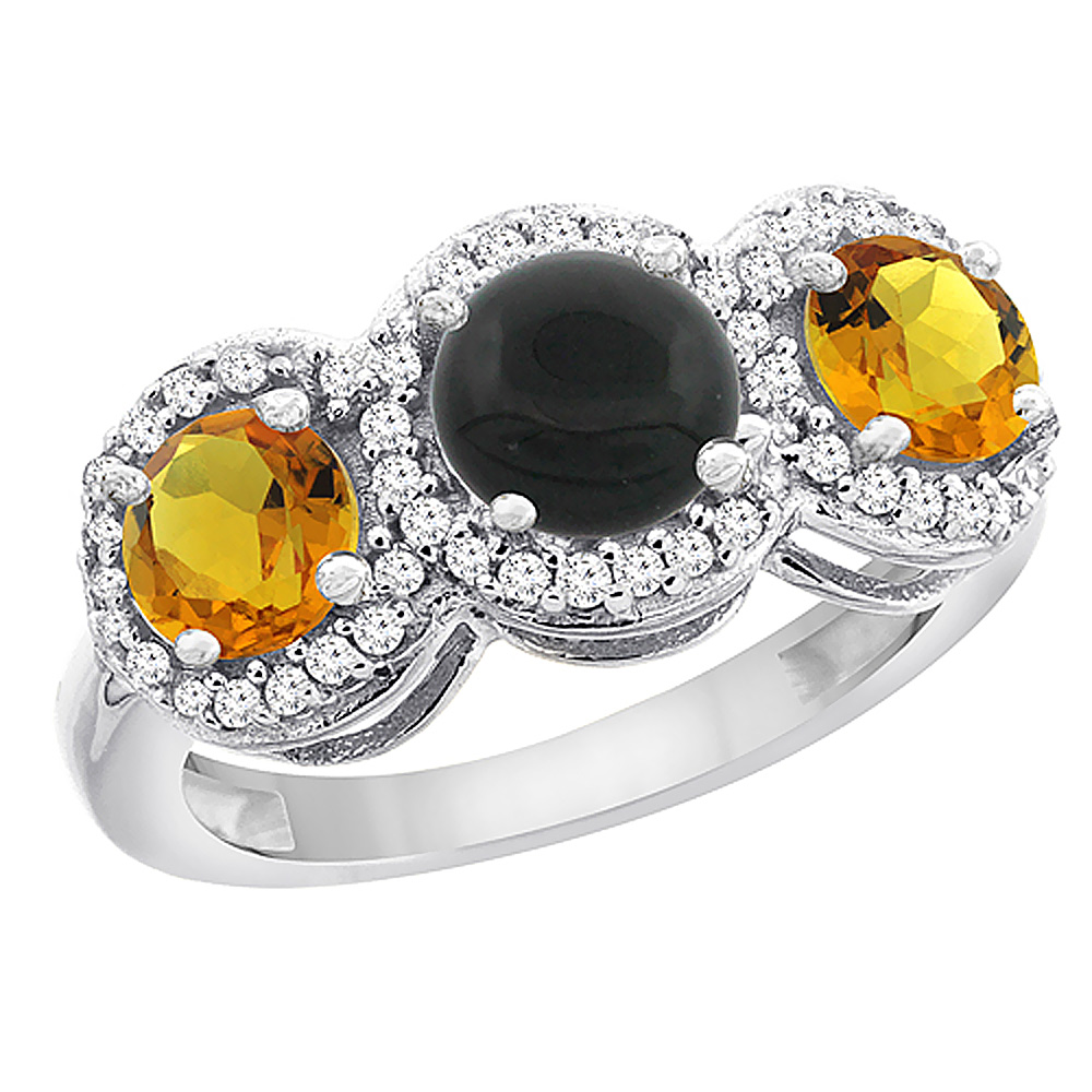 10K White Gold Natural Black Onyx &amp; Citrine Sides Round 3-stone Ring Diamond Accents, sizes 5 - 10