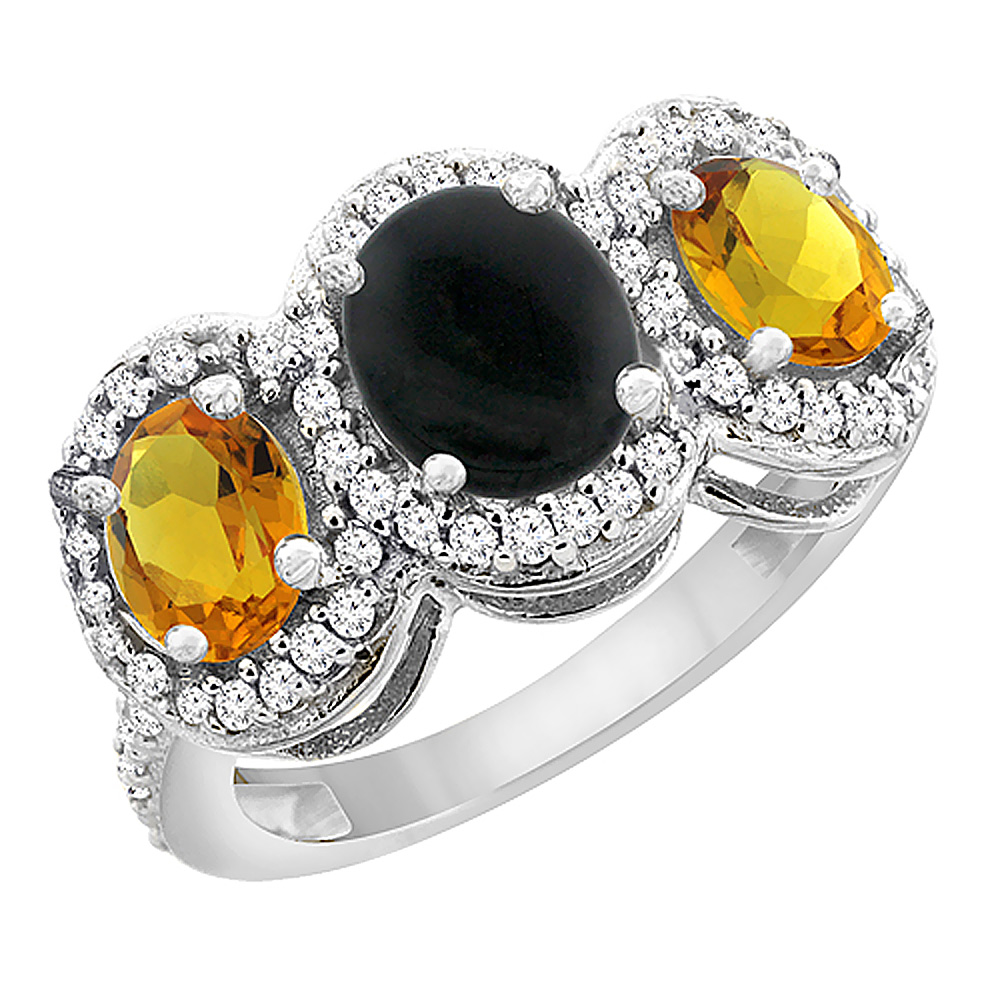 10K White Gold Natural Black Onyx & Citrine 3-Stone Ring Oval Diamond Accent, sizes 5 - 10