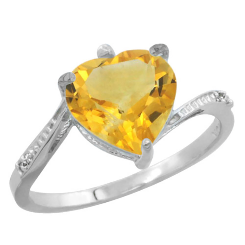 10K White Gold Natural Citrine Ring Heart 9x9mm Diamond Accent, sizes 5-10