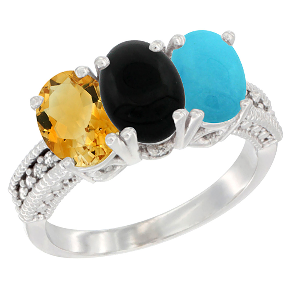 14K White Gold Natural Citrine, Black Onyx & Turquoise Ring 3-Stone 7x5 mm Oval Diamond Accent, sizes 5 - 10