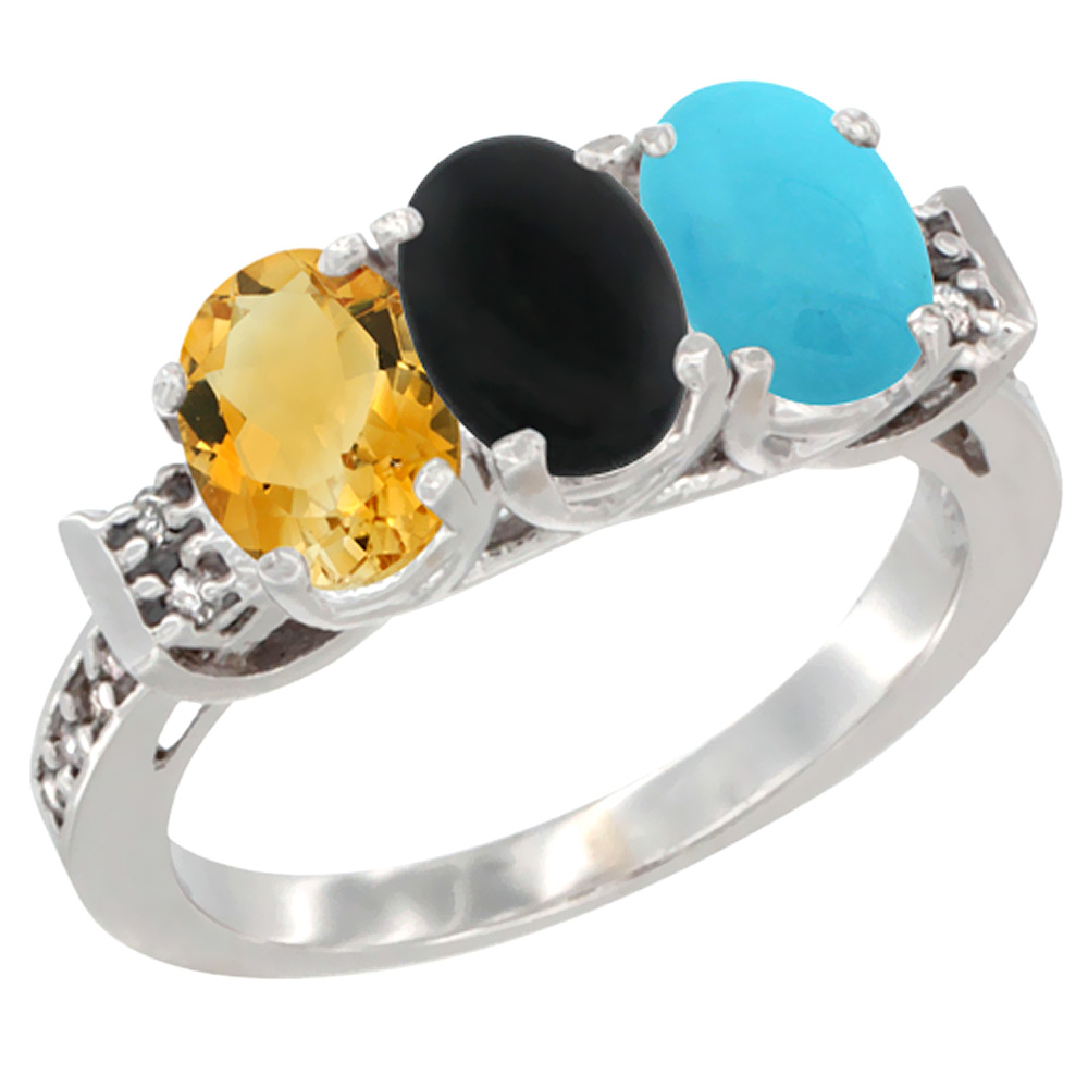 10K White Gold Natural Citrine, Black Onyx &amp; Turquoise Ring 3-Stone Oval 7x5 mm Diamond Accent, sizes 5 - 10