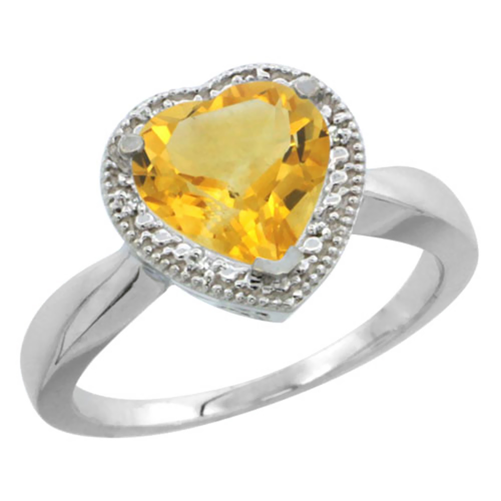 14K White Gold Natural Citrine Ring Heart 8x8mm Diamond Accent, sizes 5-10