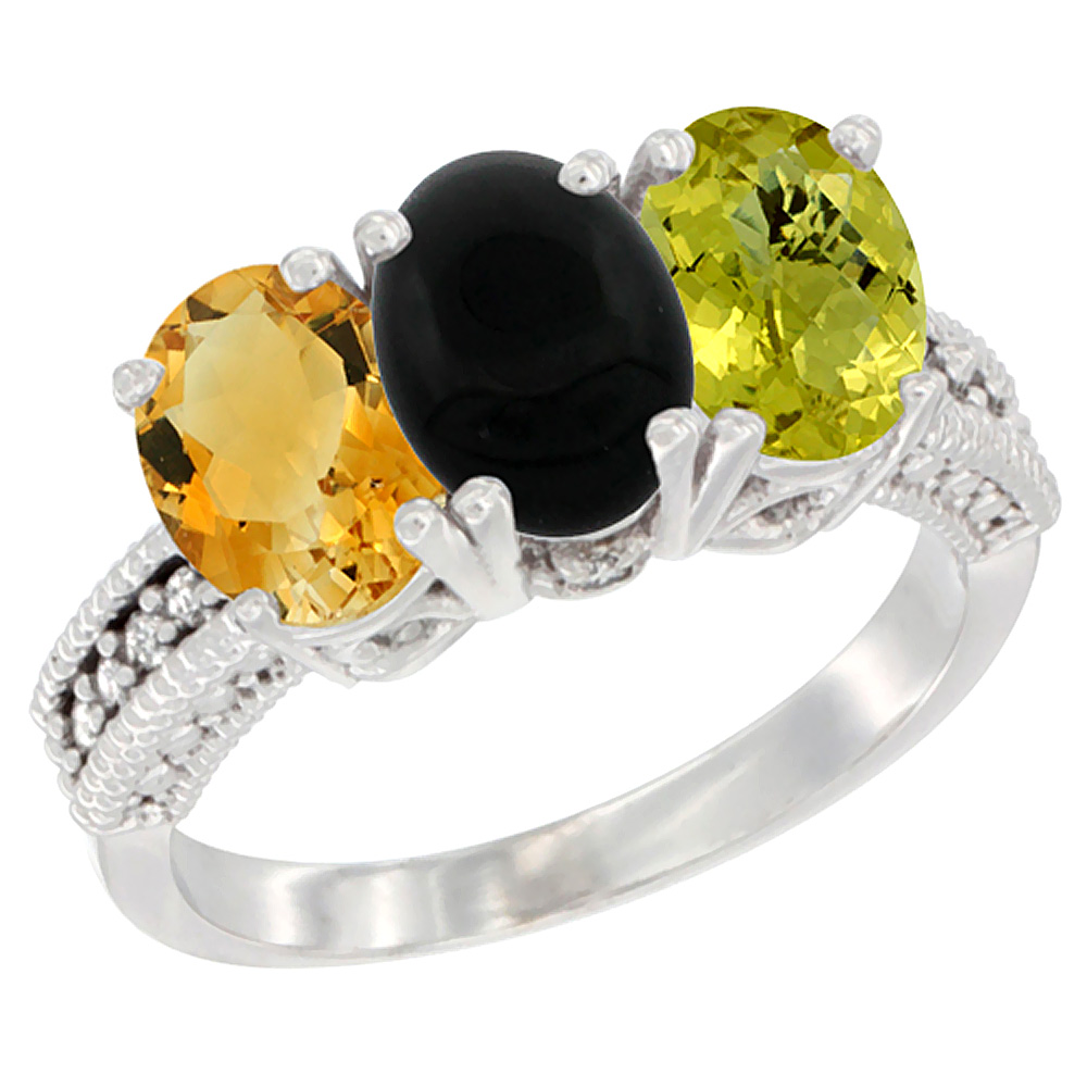 14K White Gold Natural Citrine, Black Onyx & Lemon Quartz Ring 3-Stone 7x5 mm Oval Diamond Accent, sizes 5 - 10