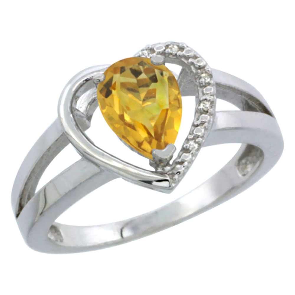 14K White Gold Natural Citrine Heart Ring Pear 7x5 mm Diamond Accent, sizes 5-10