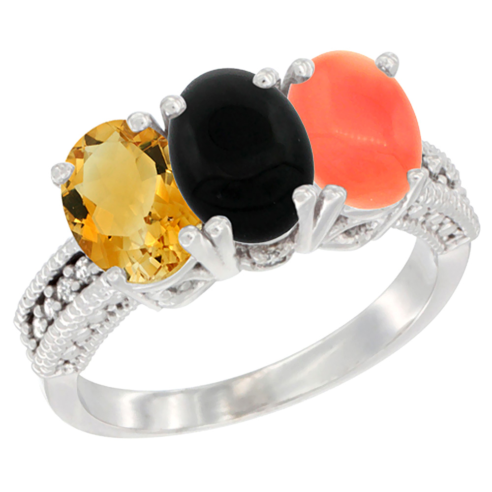 10K White Gold Natural Citrine, Black Onyx &amp; Coral Ring 3-Stone Oval 7x5 mm Diamond Accent, sizes 5 - 10
