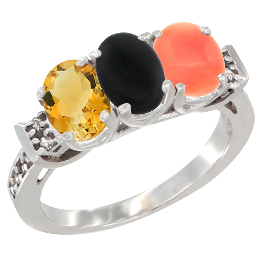 10K White Gold Natural Citrine, Black Onyx & Coral Ring 3-Stone Oval 7x5 mm Diamond Accent, sizes 5 - 10