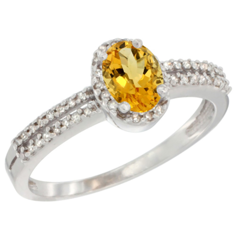 14K White Gold Natural Citrine Ring Oval 6x4mm Diamond Accent, sizes 5-10