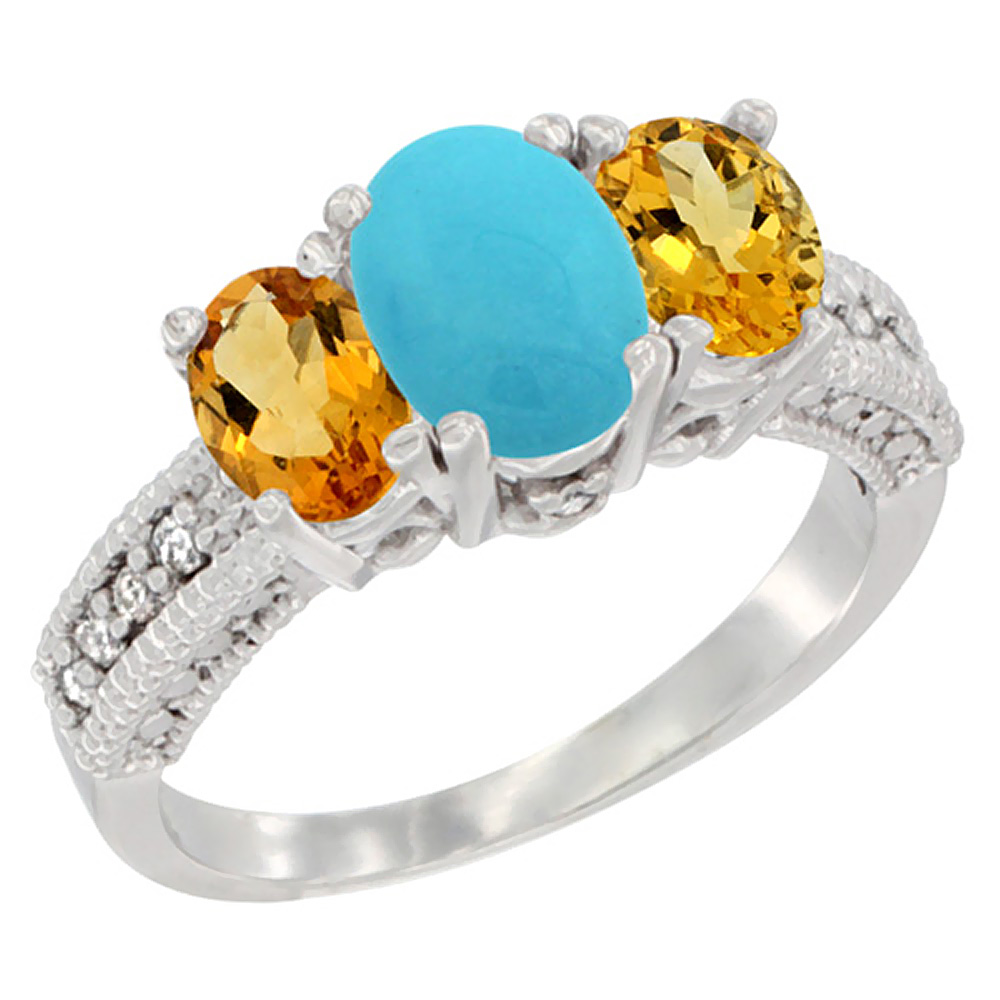 10K White Gold Diamond Natural Turquoise Ring Oval 3-stone with Citrine, sizes 5 - 10