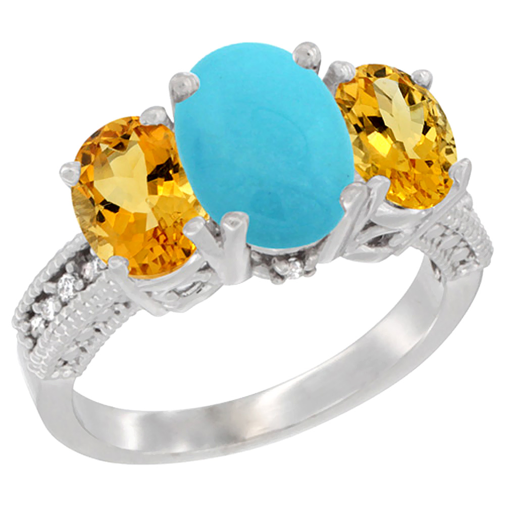 14K White Gold Diamond Natural Turquoise Ring 3-Stone Oval 8x6mm with Citrine, sizes5-10