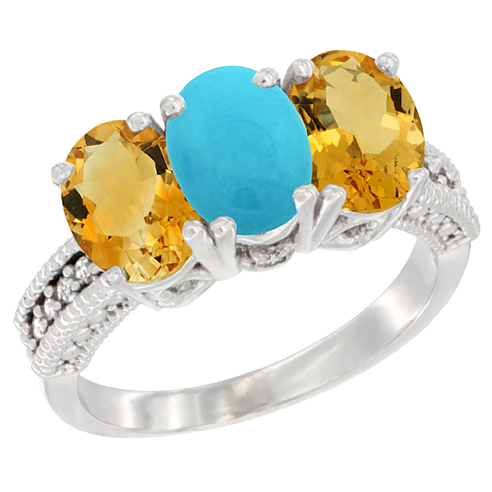 14K White Gold Natural Turquoise & Citrine Sides Ring 3-Stone 7x5 mm Oval Diamond Accent, sizes 5 - 10