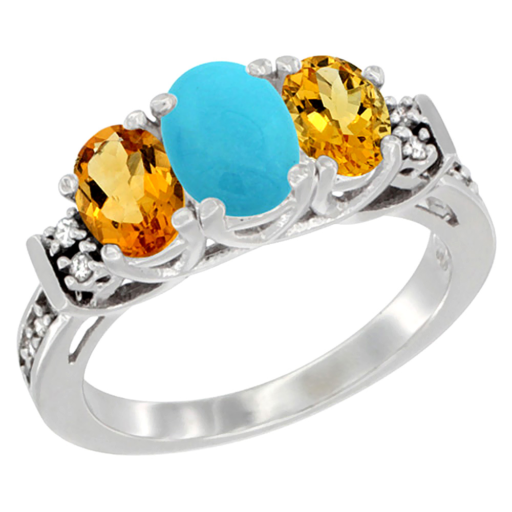 14K White Gold Natural Turquoise &amp; Citrine Ring 3-Stone Oval Diamond Accent, sizes 5-10