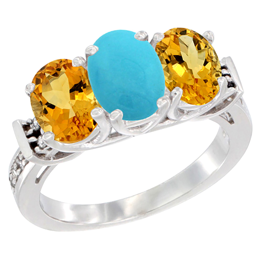 14K White Gold Natural Turquoise &amp; Citrine Sides Ring 3-Stone Oval Diamond Accent, sizes 5 - 10