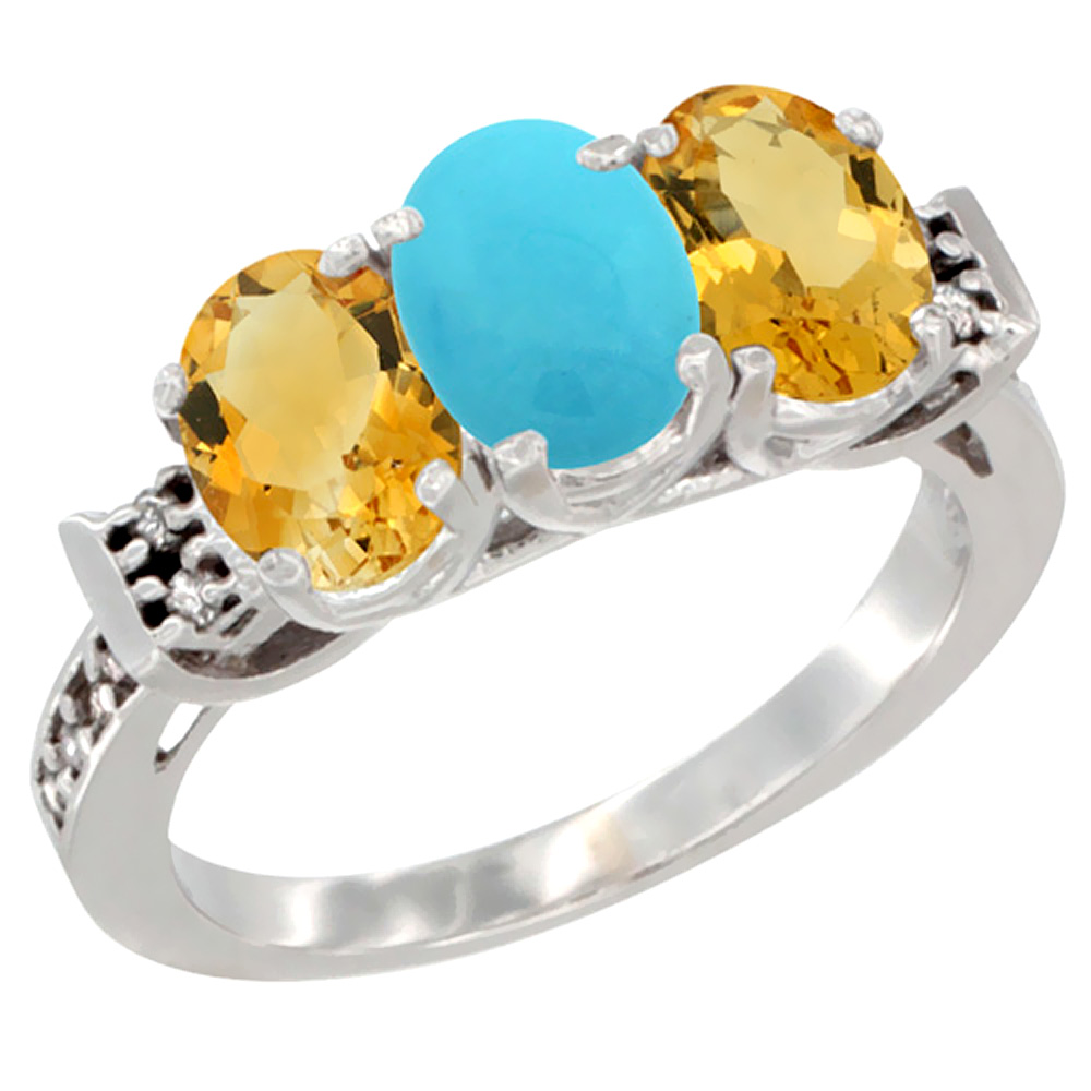 14K White Gold Natural Turquoise &amp; Citrine Sides Ring 3-Stone 7x5 mm Oval Diamond Accent, sizes 5 - 10