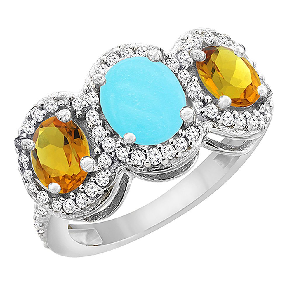 14K White Gold Natural Turquoise &amp; Citrine 3-Stone Ring Oval Diamond Accent, sizes 5 - 10