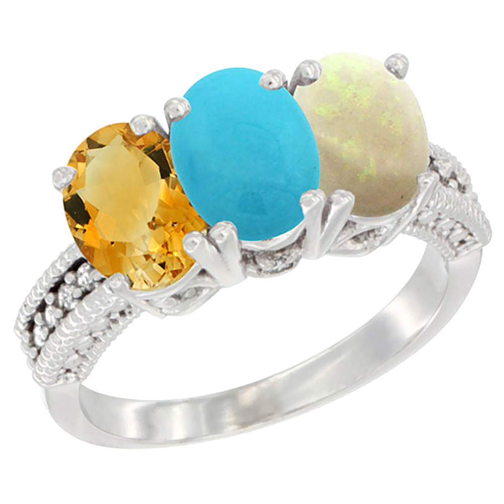 10K White Gold Natural Citrine, Turquoise & Opal Ring 3-Stone Oval 7x5 mm Diamond Accent, sizes 5 - 10