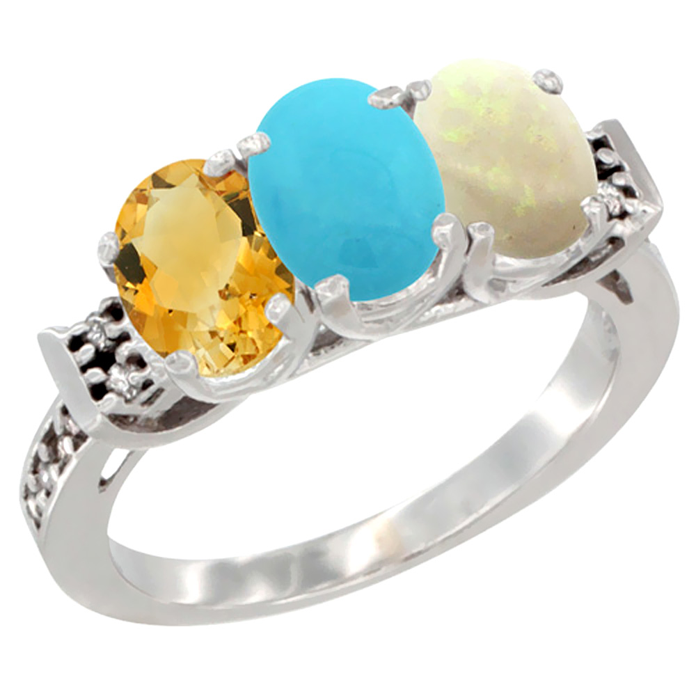 14K White Gold Natural Citrine, Turquoise & Opal Ring 3-Stone 7x5 mm Oval Diamond Accent, sizes 5 - 10