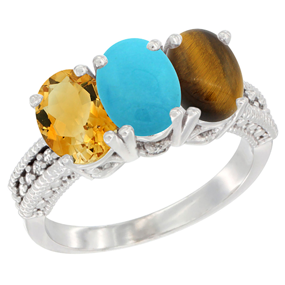 10K White Gold Natural Citrine, Turquoise &amp; Tiger Eye Ring 3-Stone Oval 7x5 mm Diamond Accent, sizes 5 - 10