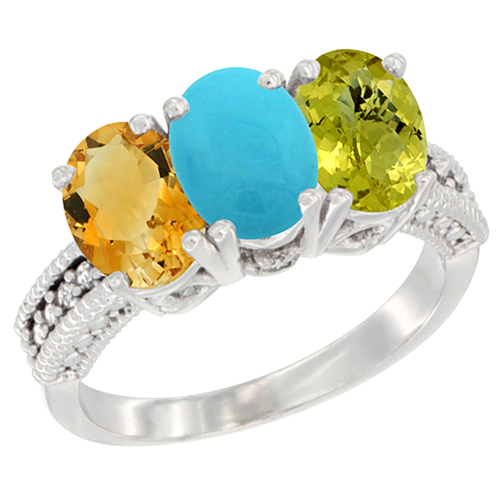 14K White Gold Natural Citrine, Turquoise & Lemon Quartz Ring 3-Stone 7x5 mm Oval Diamond Accent, sizes 5 - 10