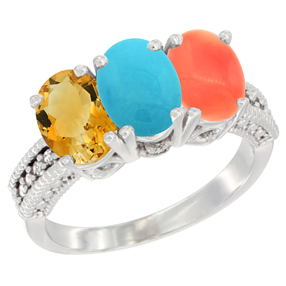 10K White Gold Natural Citrine, Turquoise & Coral Ring 3-Stone Oval 7x5 mm Diamond Accent, sizes 5 - 10