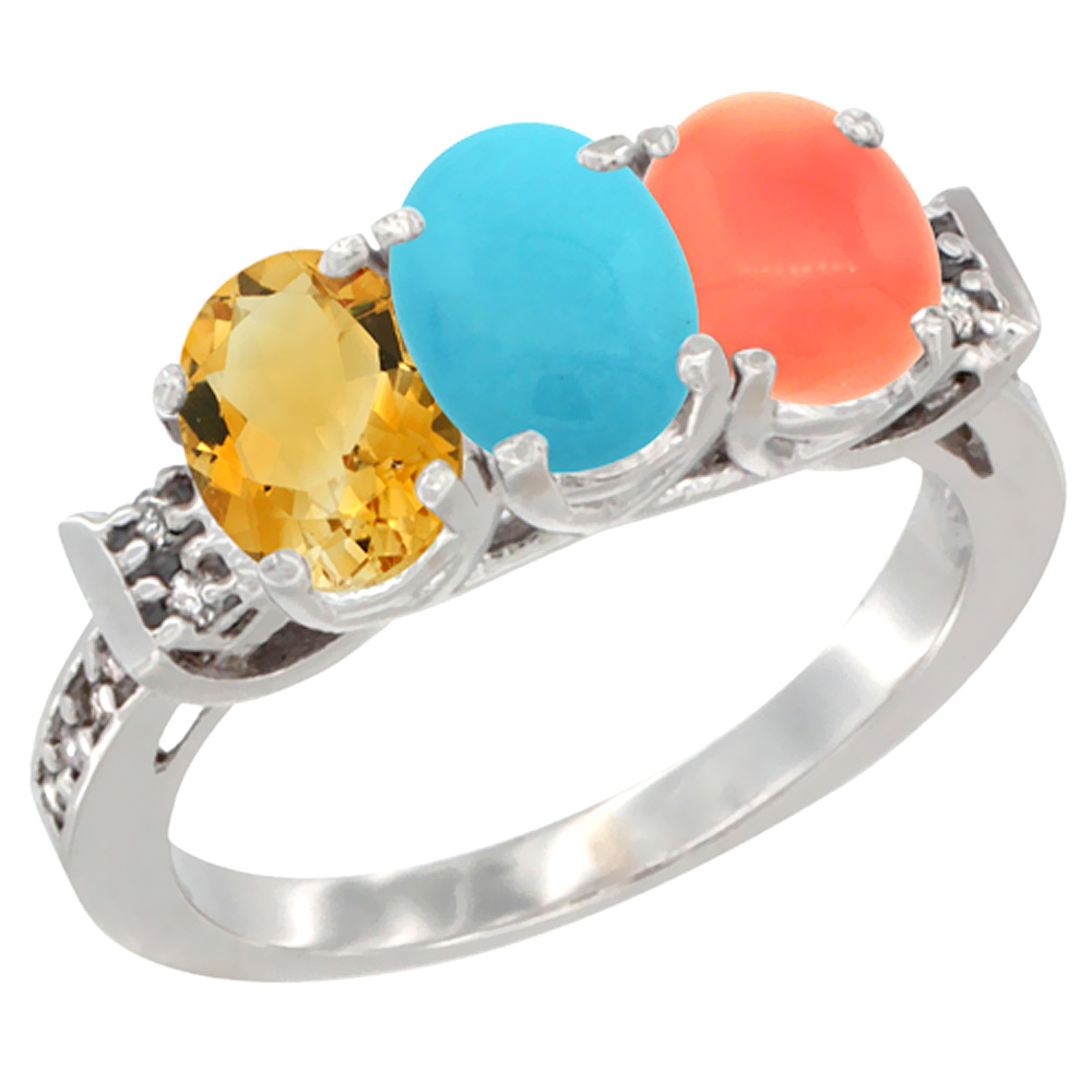 14K White Gold Natural Citrine, Turquoise &amp; Coral Ring 3-Stone 7x5 mm Oval Diamond Accent, sizes 5 - 10