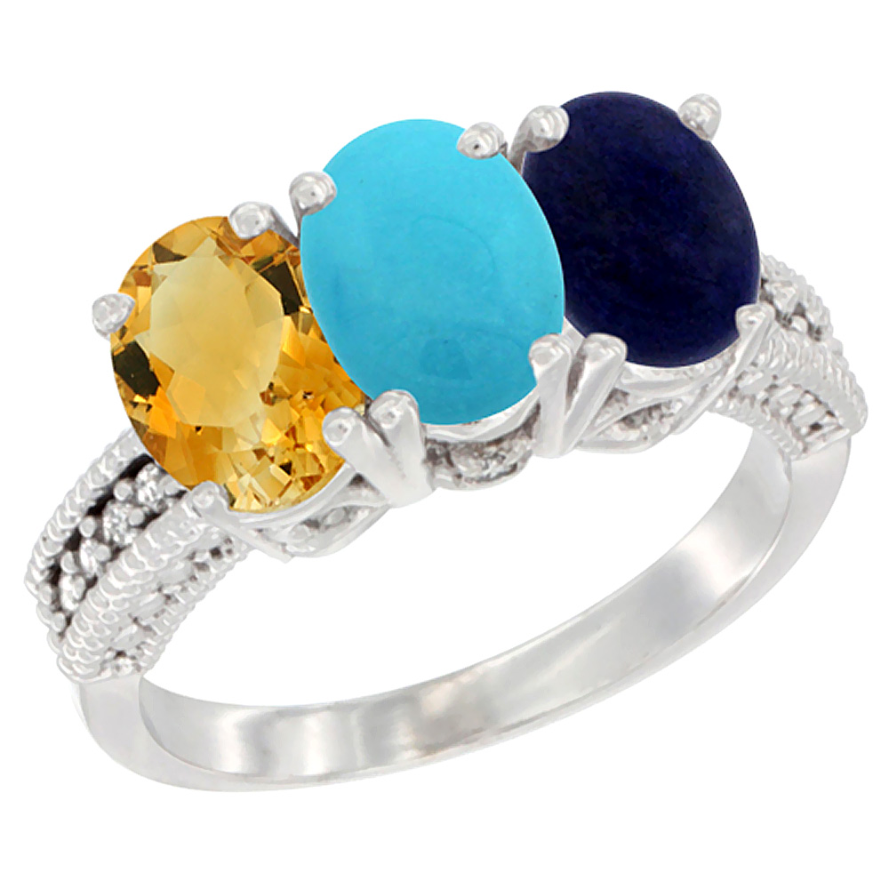 14K White Gold Natural Citrine, Turquoise & Lapis Ring 3-Stone 7x5 mm Oval Diamond Accent, sizes 5 - 10