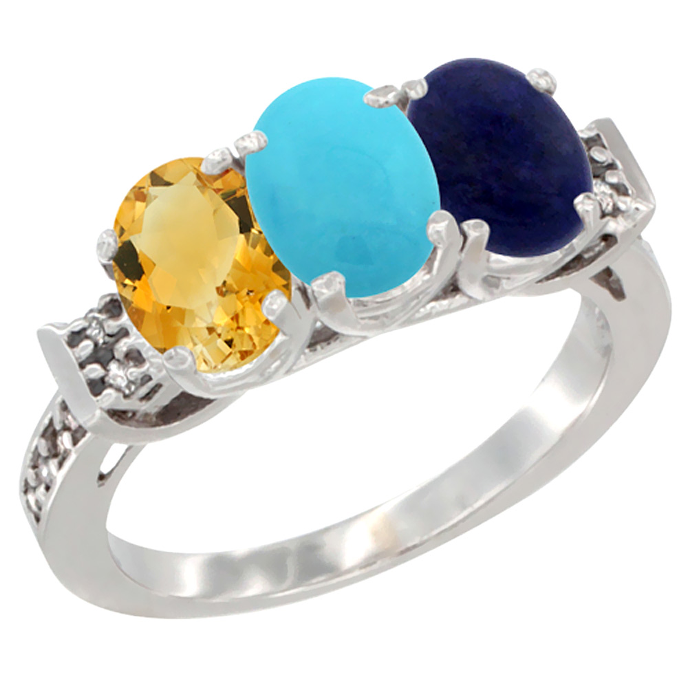 14K White Gold Natural Citrine, Turquoise & Lapis Ring 3-Stone 7x5 mm Oval Diamond Accent, sizes 5 - 10