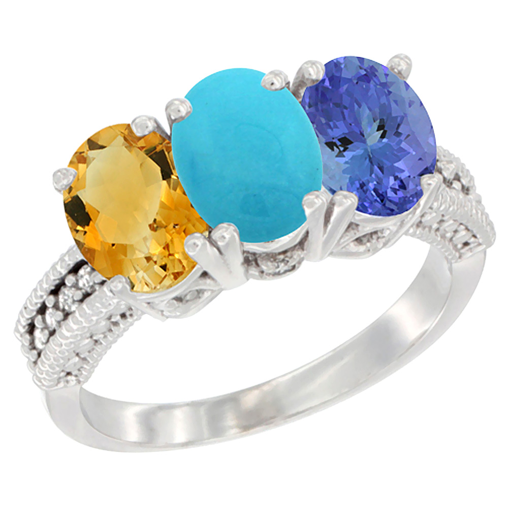 14K White Gold Natural Citrine, Turquoise &amp; Tanzanite Ring 3-Stone 7x5 mm Oval Diamond Accent, sizes 5 - 10