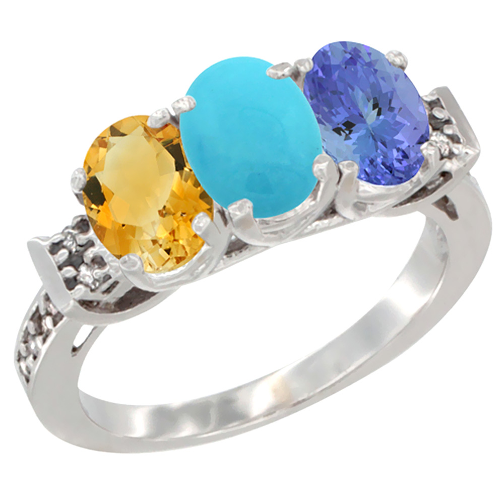 14K White Gold Natural Citrine, Turquoise &amp; Tanzanite Ring 3-Stone 7x5 mm Oval Diamond Accent, sizes 5 - 10