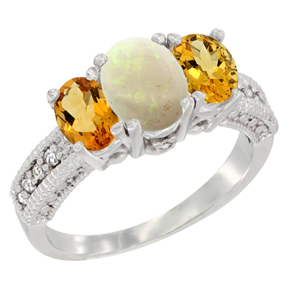 14K White Gold Diamond Natural Opal Ring Oval 3-stone with Citrine, sizes 5 - 10