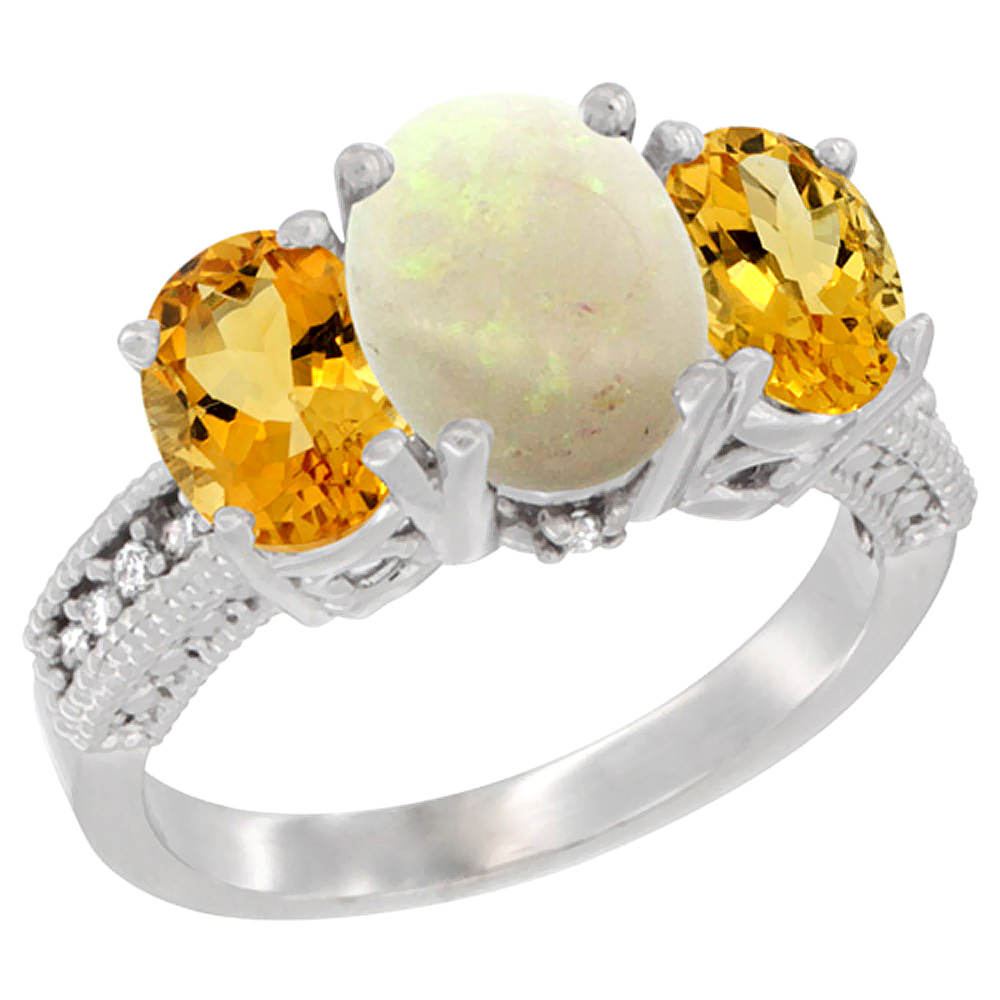 10K White Gold Diamond Natural Opal Ring 3-Stone Oval 8x6mm with Citrine, sizes5-10