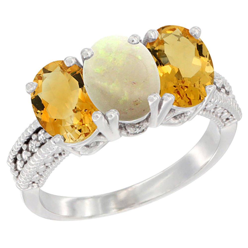 10K White Gold Natural Opal &amp; Citrine Sides Ring 3-Stone Oval 7x5 mm Diamond Accent, sizes 5 - 10