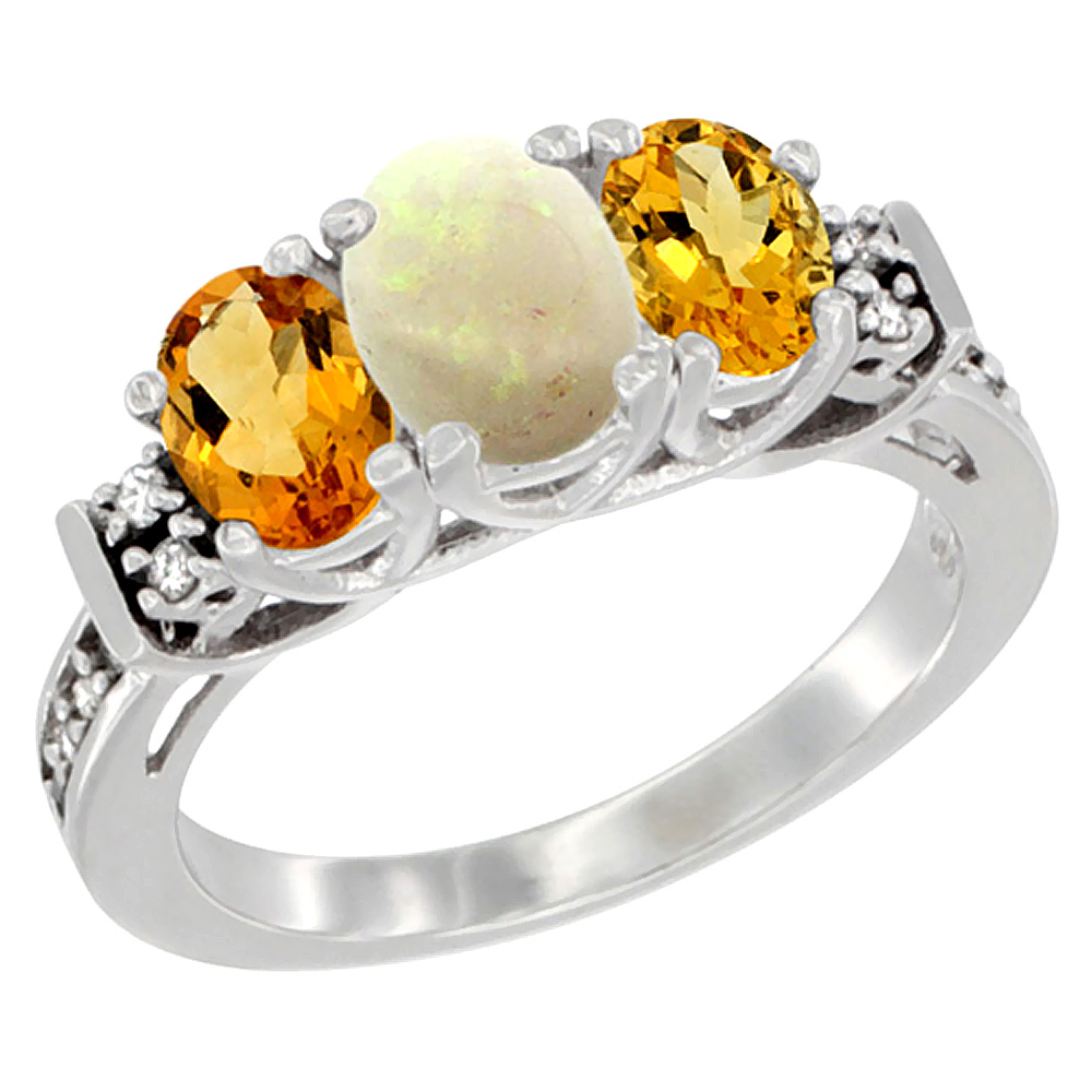 14K White Gold Natural Opal &amp; Citrine Ring 3-Stone Oval Diamond Accent, sizes 5-10