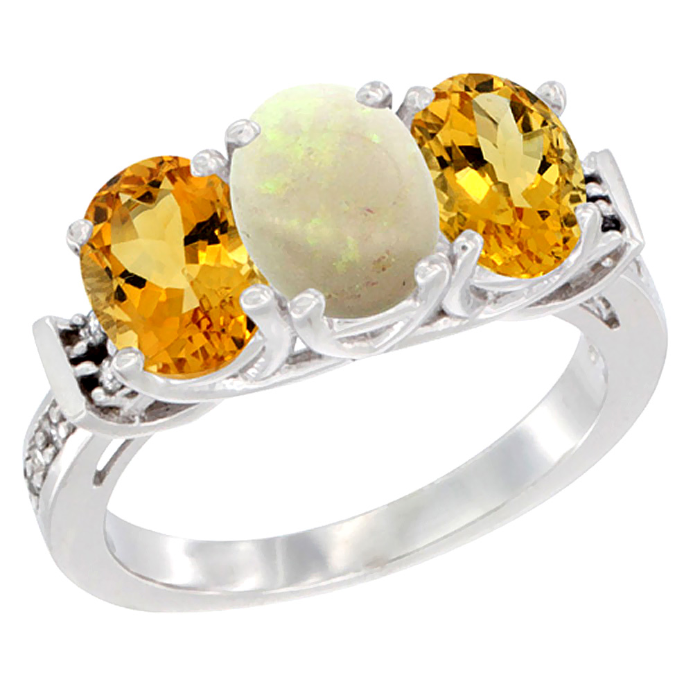 14K White Gold Natural Opal &amp; Citrine Sides Ring 3-Stone Oval Diamond Accent, sizes 5 - 10