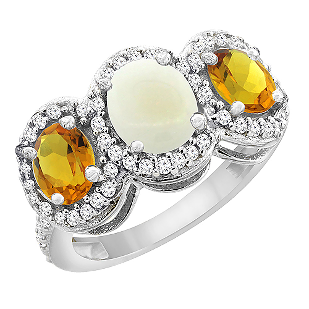 10K White Gold Natural Opal & Citrine 3-Stone Ring Oval Diamond Accent, sizes 5 - 10
