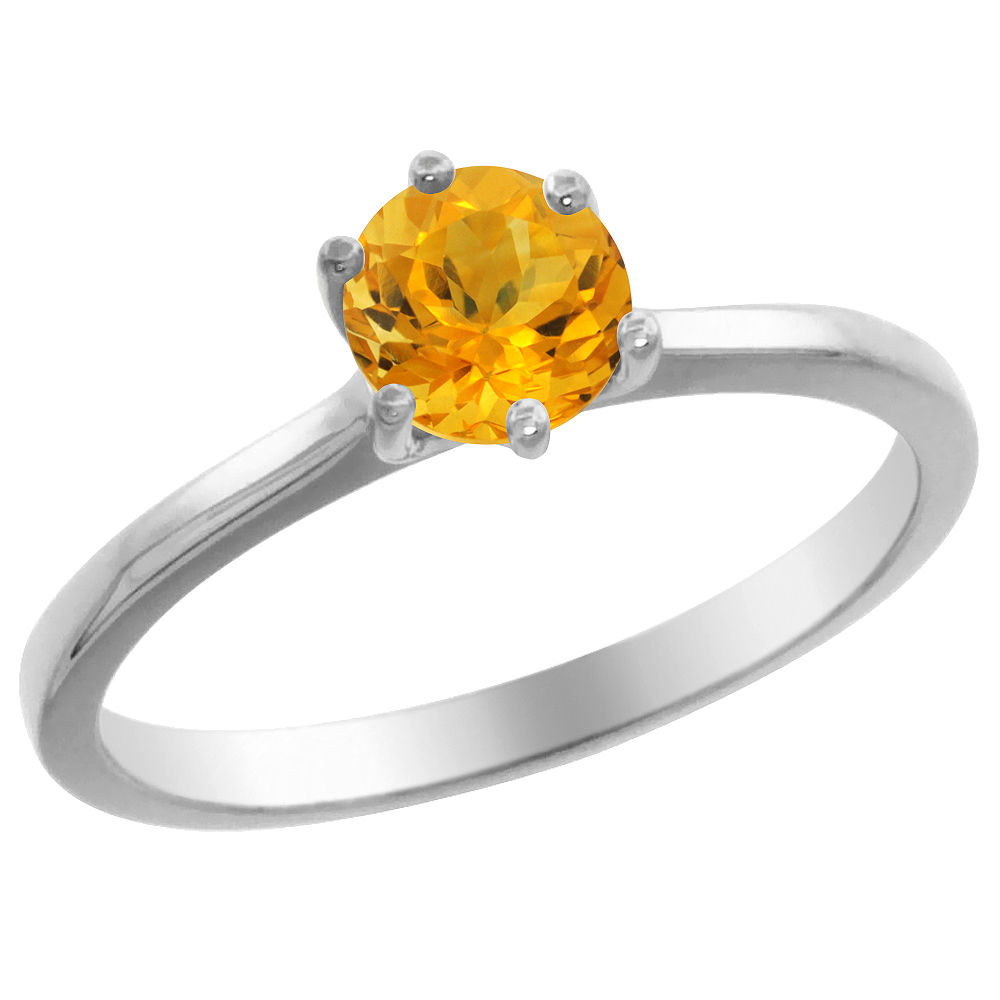 14K White Gold Natural Citrine Solitaire Ring Round 6mm, sizes 5 - 10