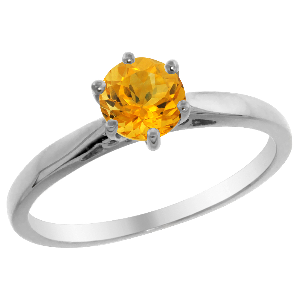 14K White Gold Natural Citrine Solitaire Ring Round 5mm, sizes 5 - 10