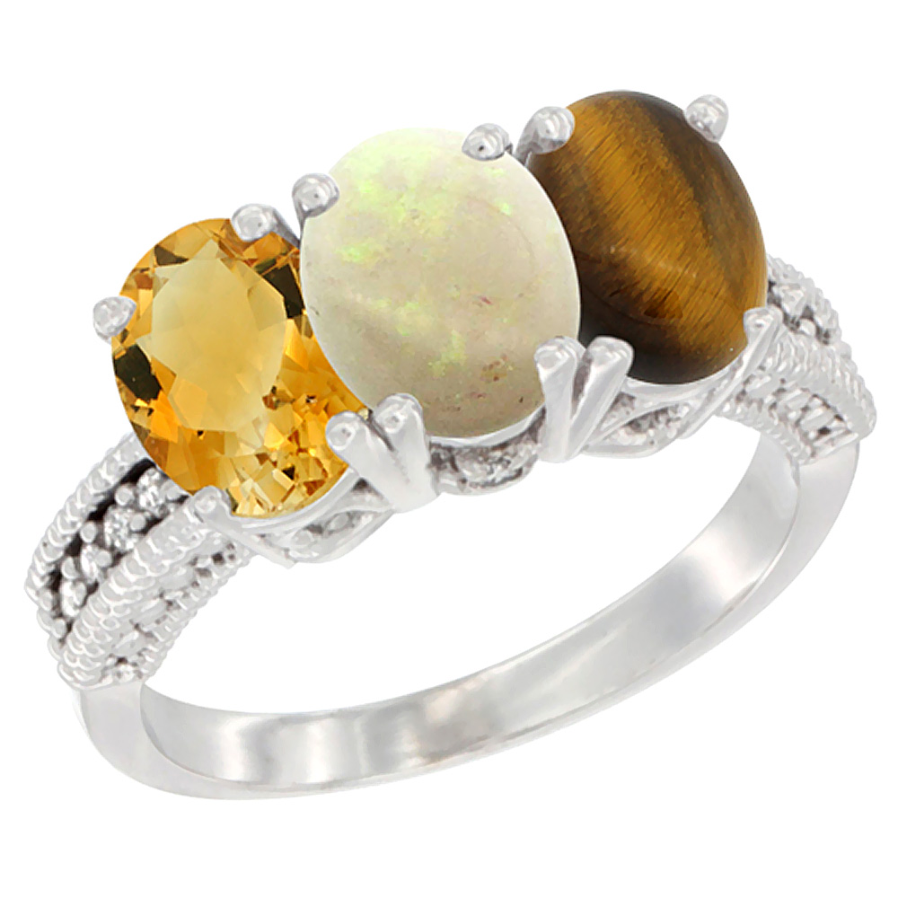 14K White Gold Natural Citrine, Opal & Tiger Eye Ring 3-Stone 7x5 mm Oval Diamond Accent, sizes 5 - 10