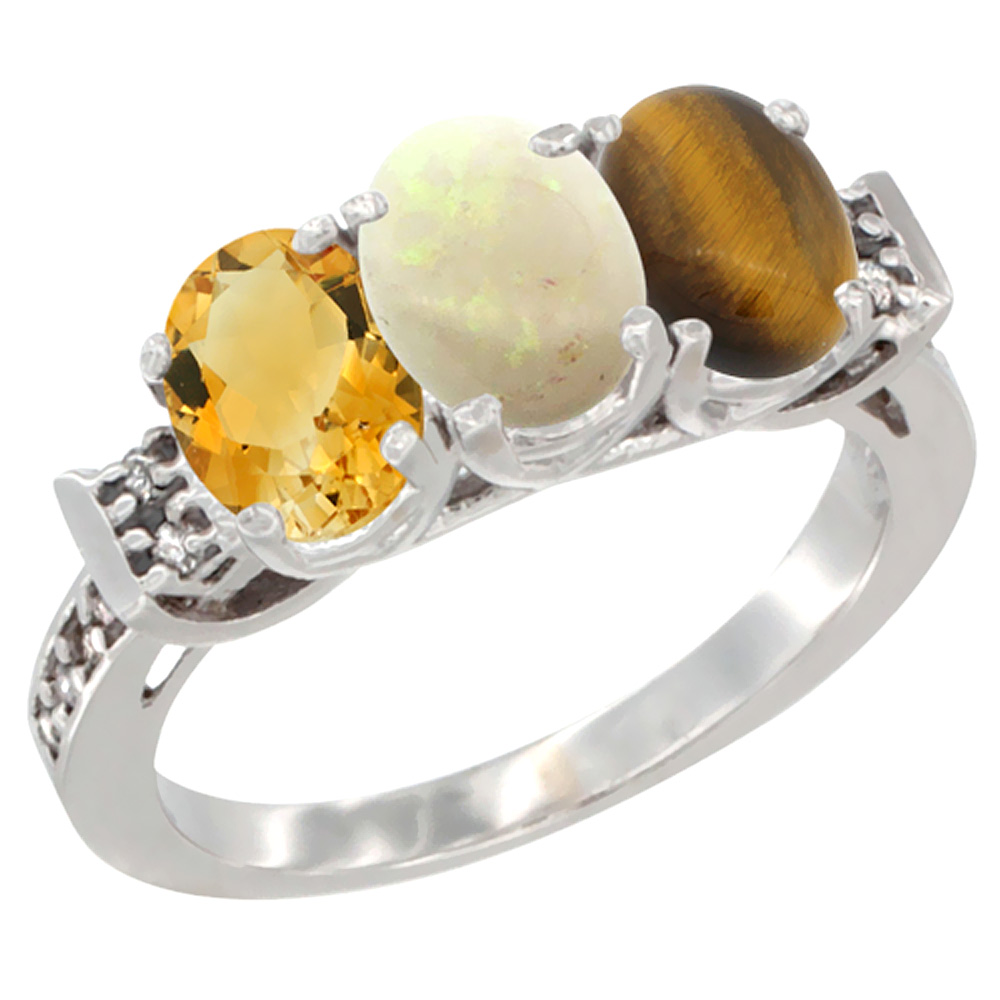 10K White Gold Natural Citrine, Opal & Tiger Eye Ring 3-Stone Oval 7x5 mm Diamond Accent, sizes 5 - 10