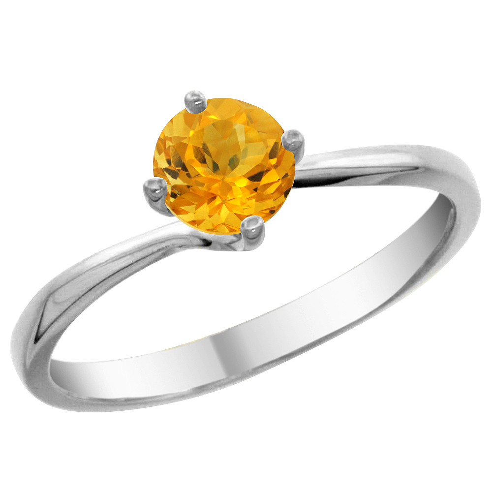14K White Gold Natural Citrine Solitaire Ring Round 6mm, sizes 5 - 10