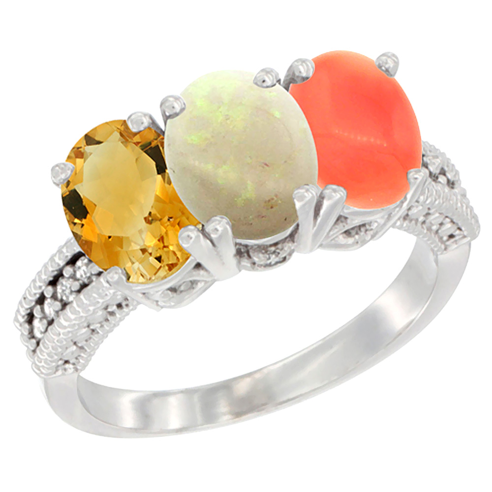 10K White Gold Natural Citrine, Opal & Coral Ring 3-Stone Oval 7x5 mm Diamond Accent, sizes 5 - 10