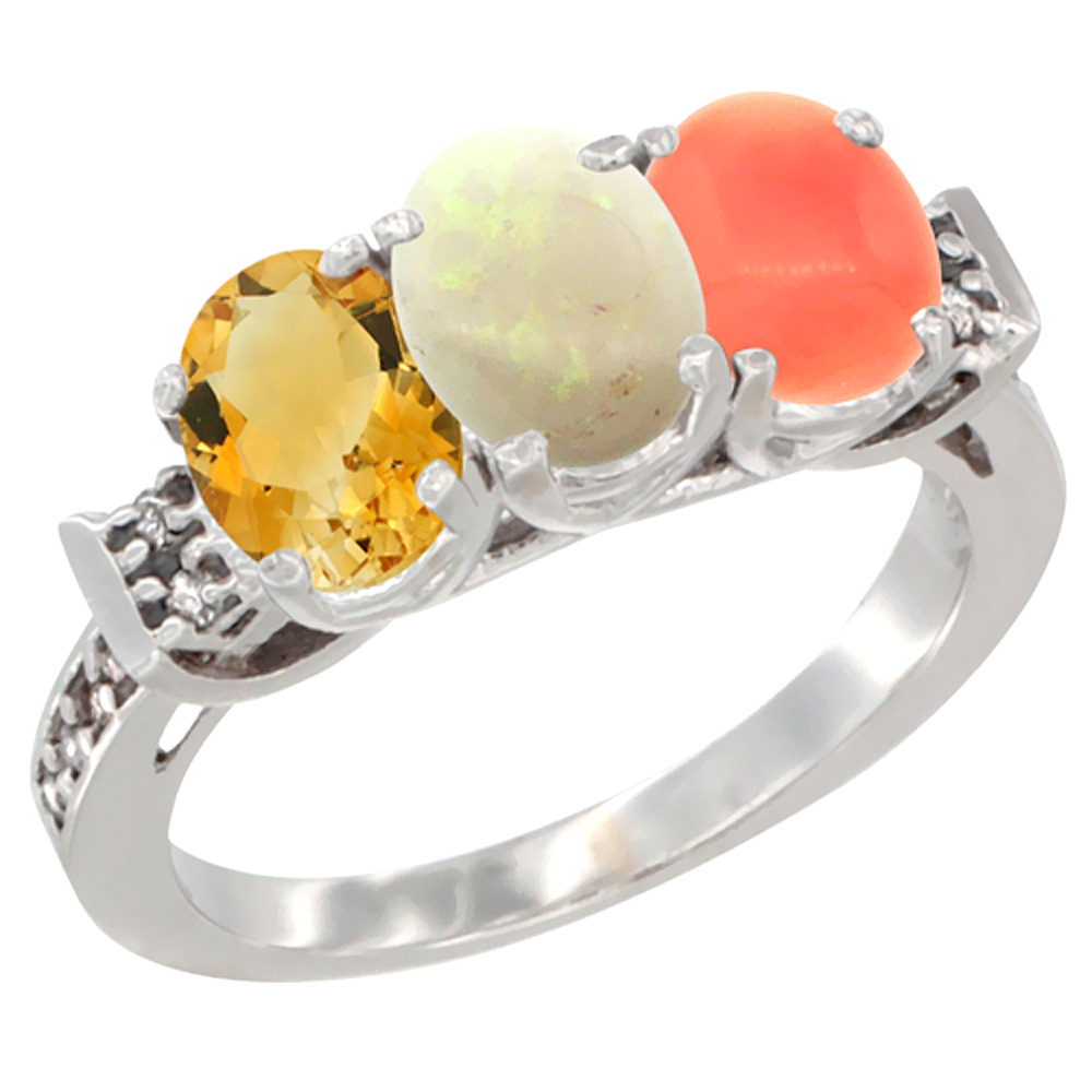 10K White Gold Natural Citrine, Opal & Coral Ring 3-Stone Oval 7x5 mm Diamond Accent, sizes 5 - 10