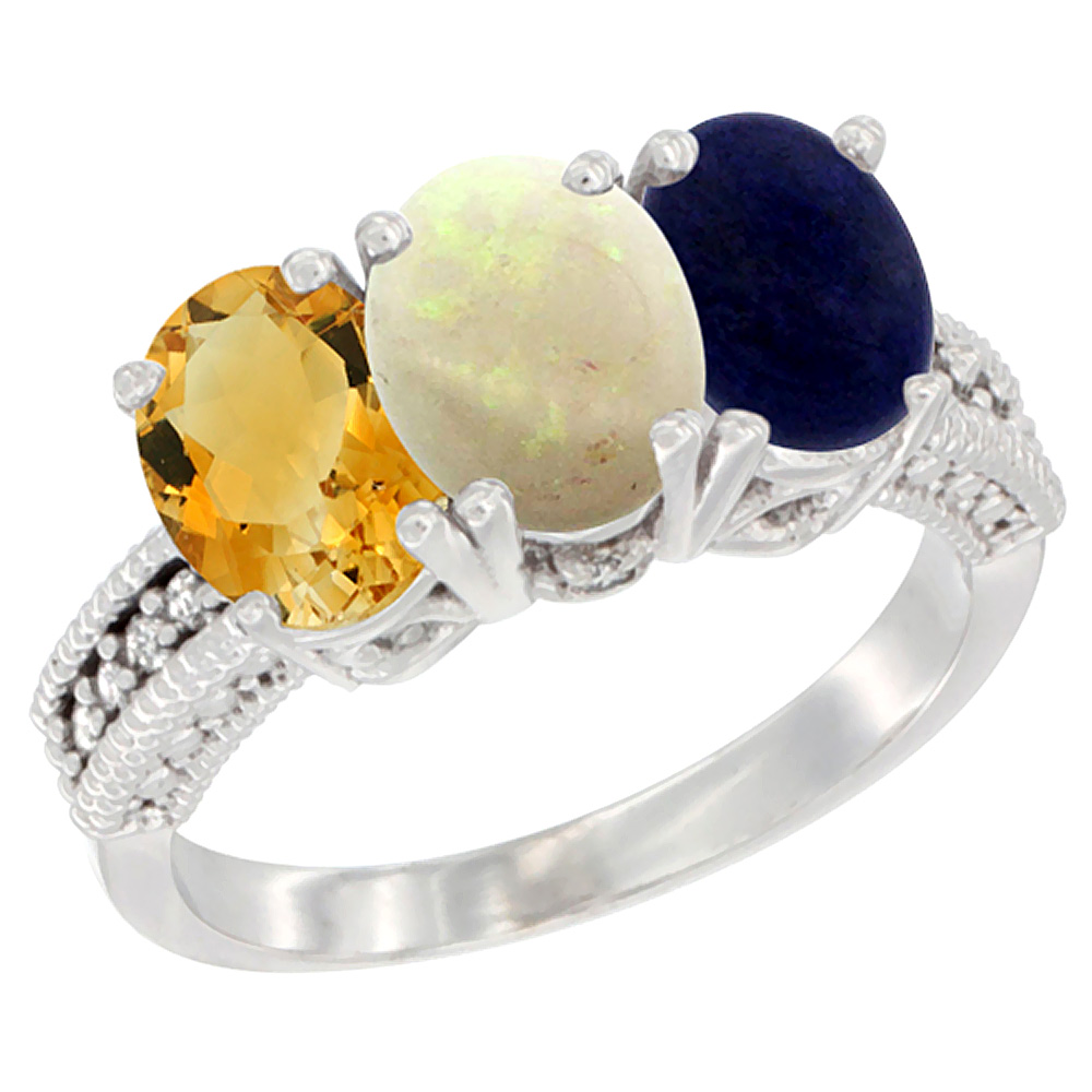 14K White Gold Natural Citrine, Opal & Lapis Ring 3-Stone 7x5 mm Oval Diamond Accent, sizes 5 - 10