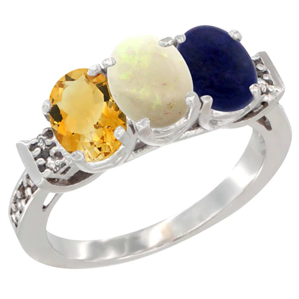 10K White Gold Natural Citrine, Opal & Lapis Ring 3-Stone Oval 7x5 mm Diamond Accent, sizes 5 - 10