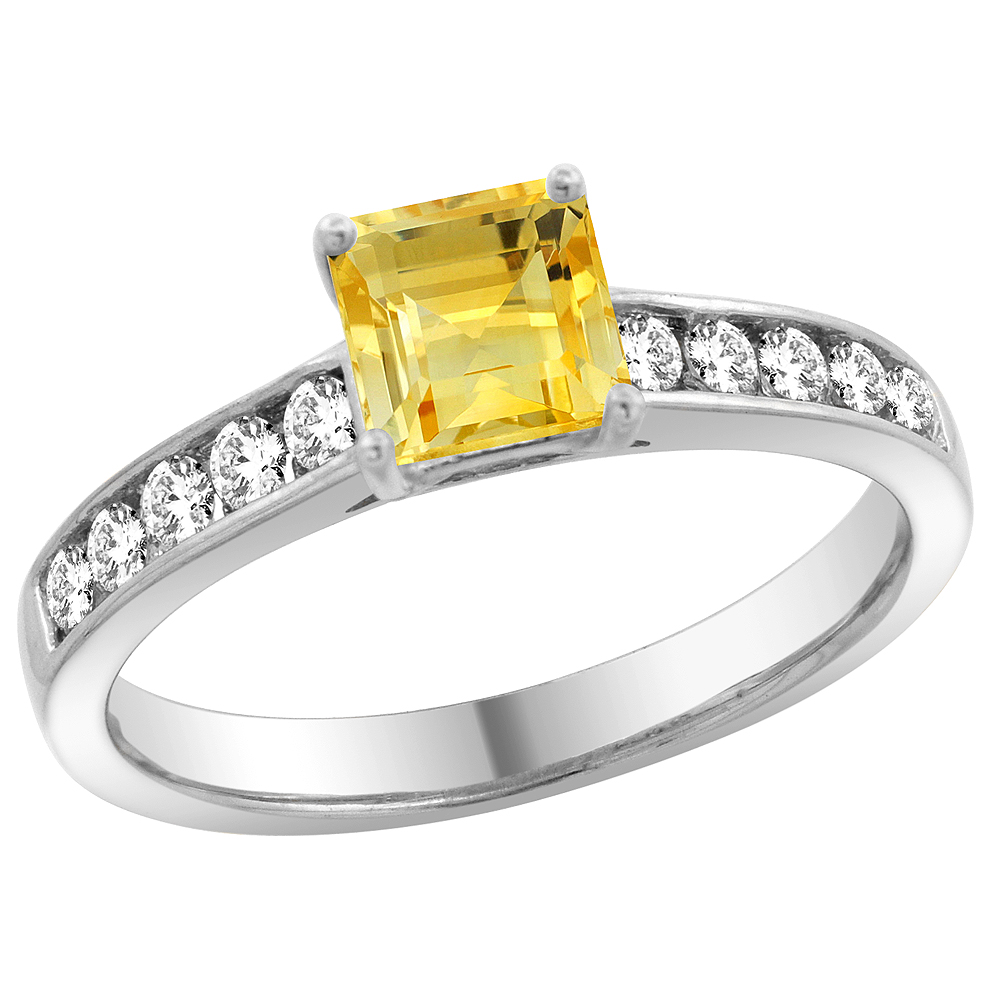 14K White Gold Natural Citrine Engagement Ring Princess cut 5mm, sizes 5 - 10