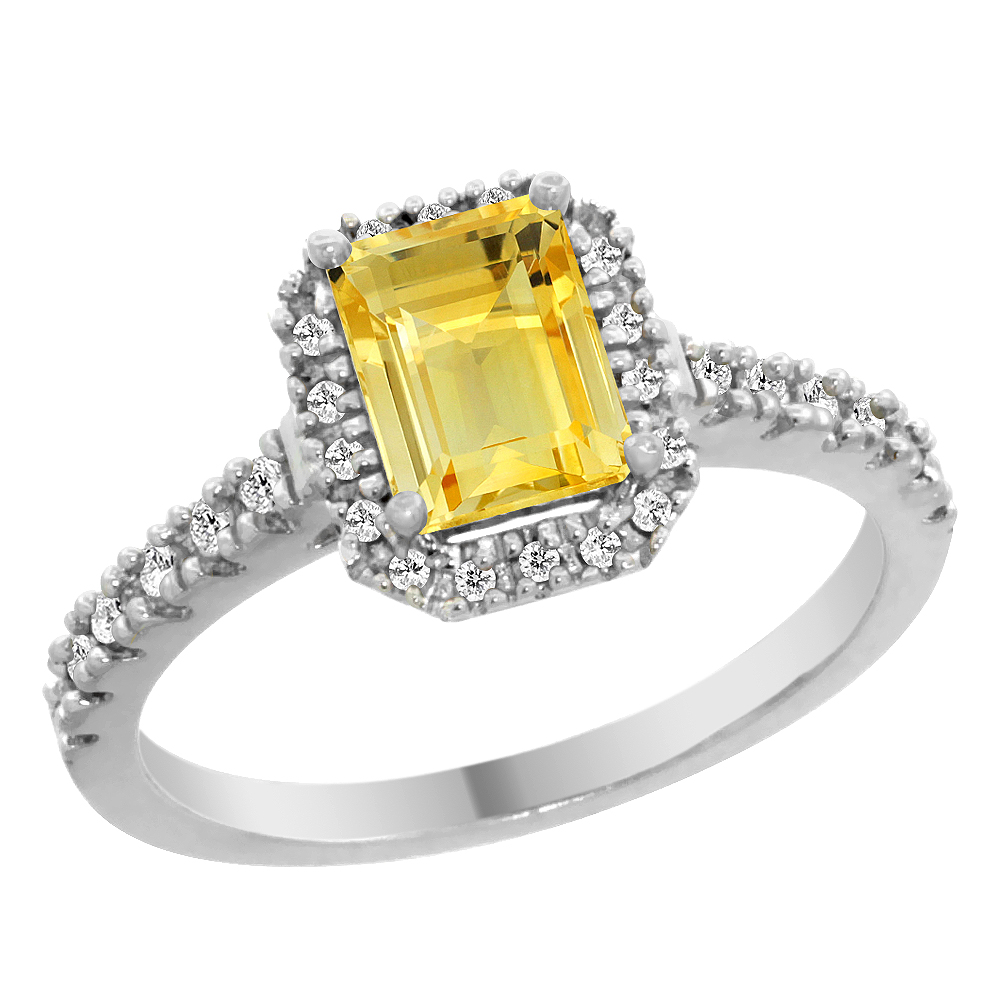 14K White Gold Natural Citrine Engagement Ring Octagon 7x5 mm Diamond Accents, sizes 5 - 10